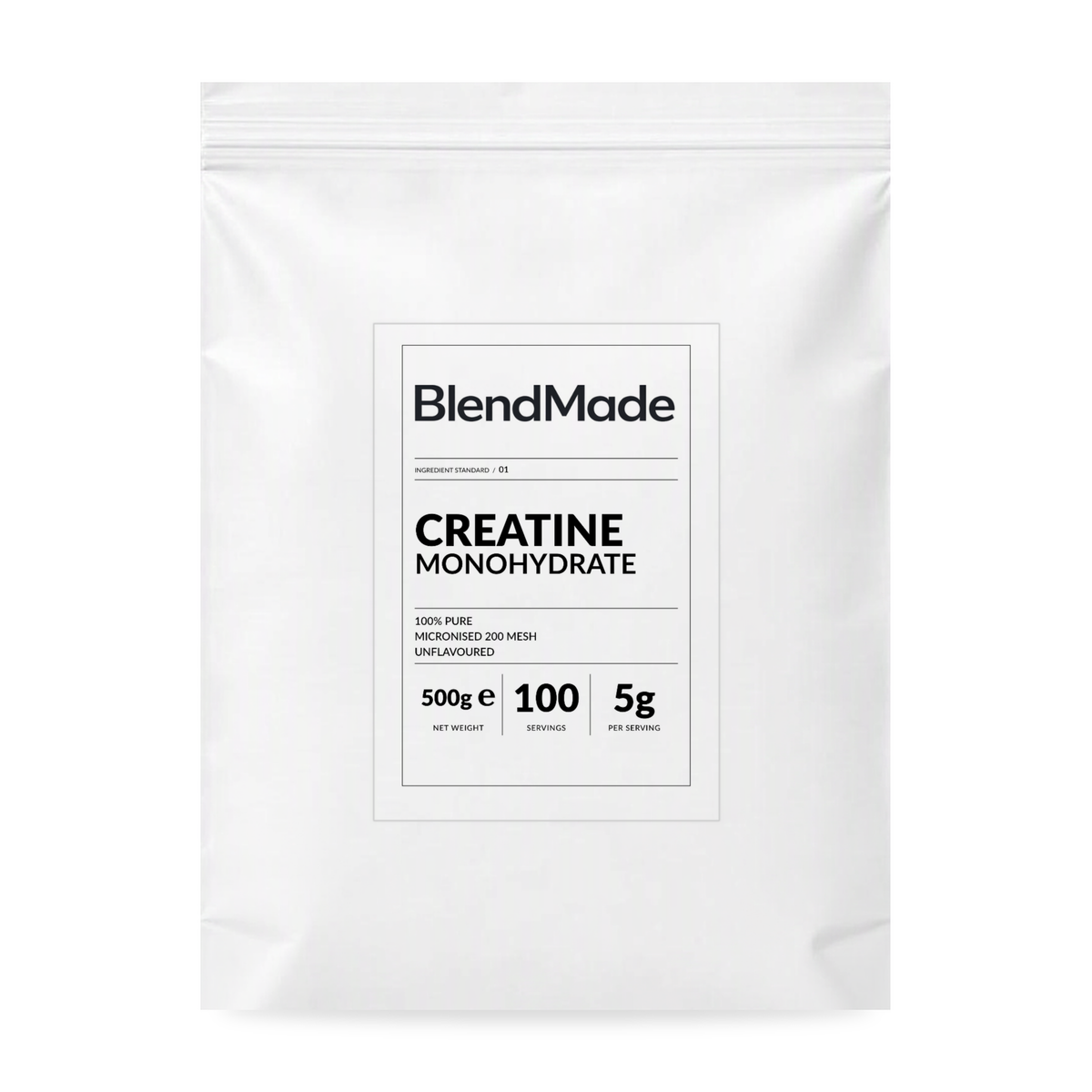 BlendMade SKU gallery - BM-CREATINE-MONOHYDRATE-500G | 01 | b9f2ee6ed7fb | Creatine Monohydrate | Main pack shot