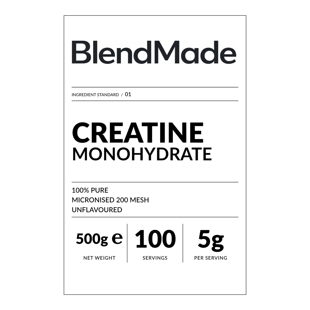 BlendMade SKU gallery - BM-CREATINE-MONOHYDRATE-500G | 02 | 323625cf4200 | Creatine Monohydrate | Front label close-up