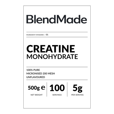 BlendMade SKU gallery - BM-CREATINE-MONOHYDRATE-500G | 02 | 323625cf4200 | Creatine Monohydrate | Front label close-up — shipping label