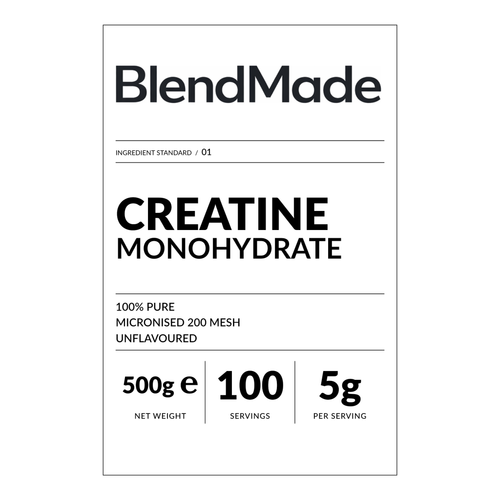 BlendMade SKU gallery - BM-CREATINE-MONOHYDRATE-500G | 02 | 323625cf4200 | Creatine Monohydrate | Front label close-up