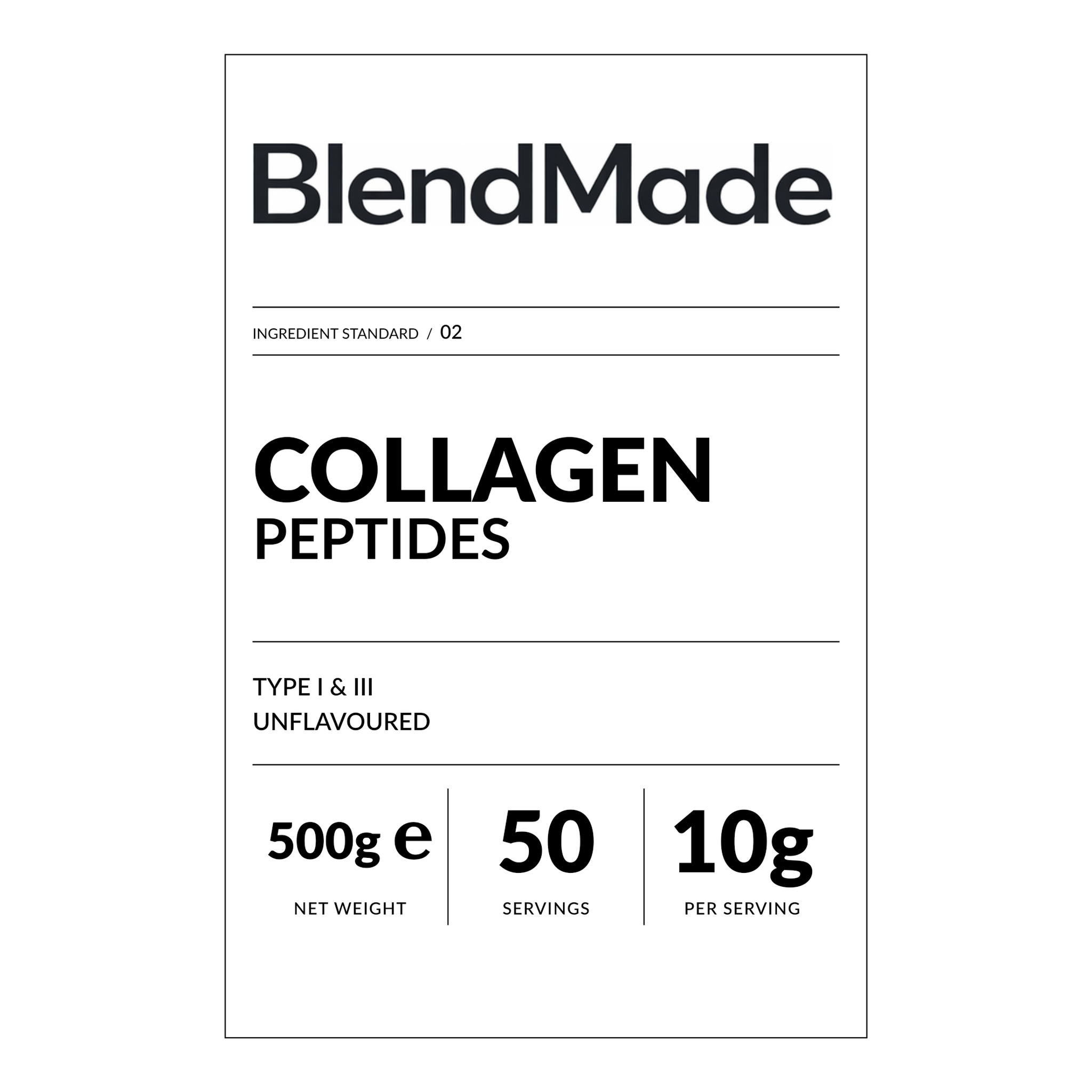 BlendMade SKU gallery - BM-COLLAGEN-PEPTIDES-500G | 02 | 35788f3a8ed3 | Collagen Peptides | Front label close-up