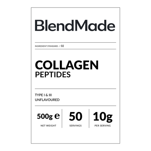 BlendMade SKU gallery - BM-COLLAGEN-PEPTIDES-500G | 02 | 35788f3a8ed3 | Collagen Peptides | Front label close-up