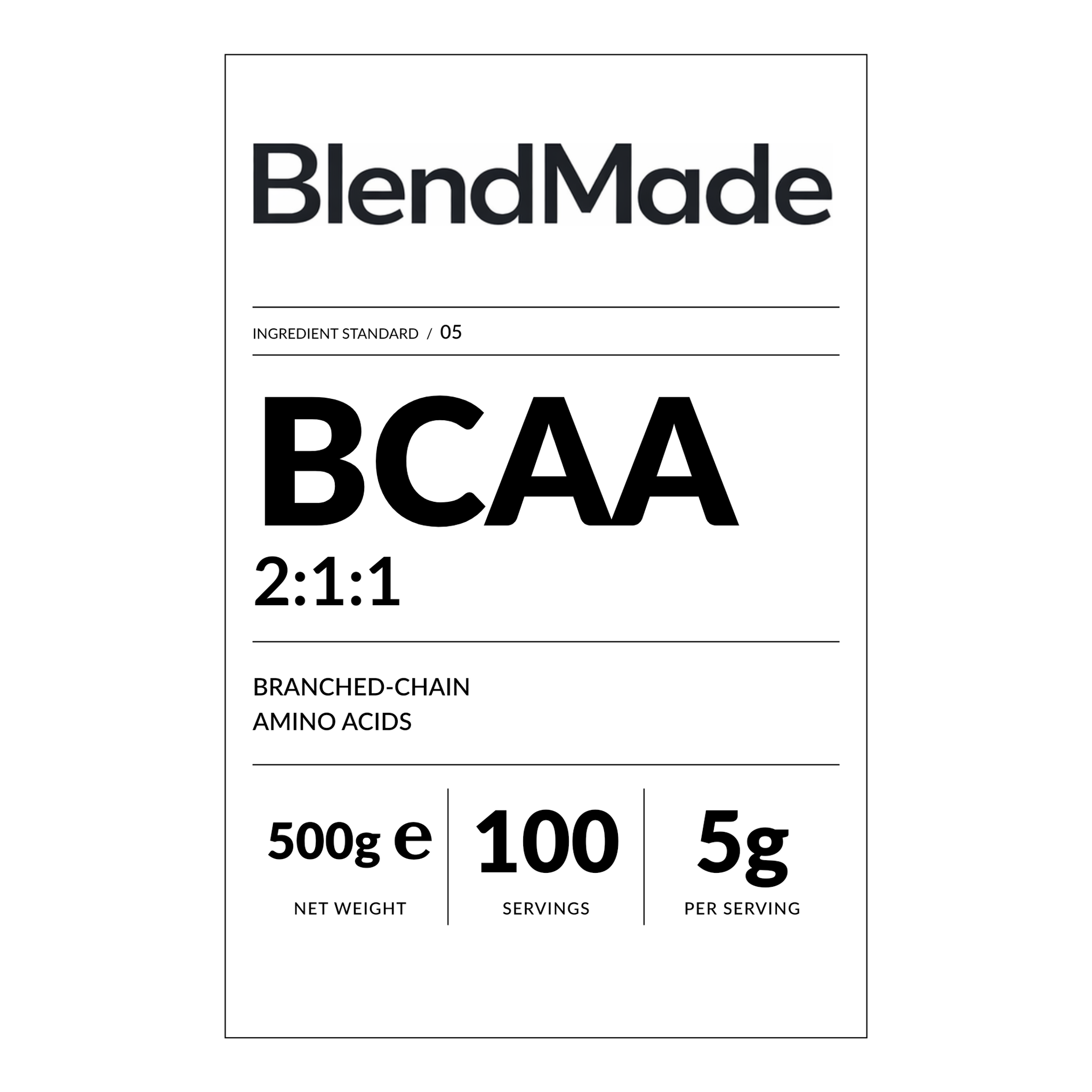BlendMade SKU gallery - BM-BCAA-500G | 02 | 44a70ae386f6 | BCAA | Front label close-up