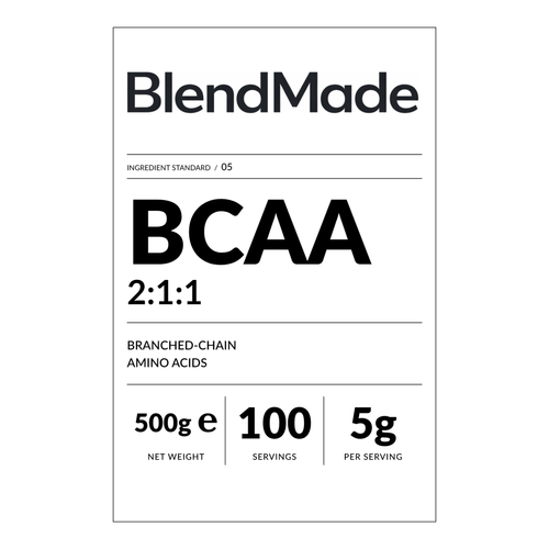 BlendMade SKU gallery - BM-BCAA-500G | 02 | 44a70ae386f6 | BCAA | Front label close-up