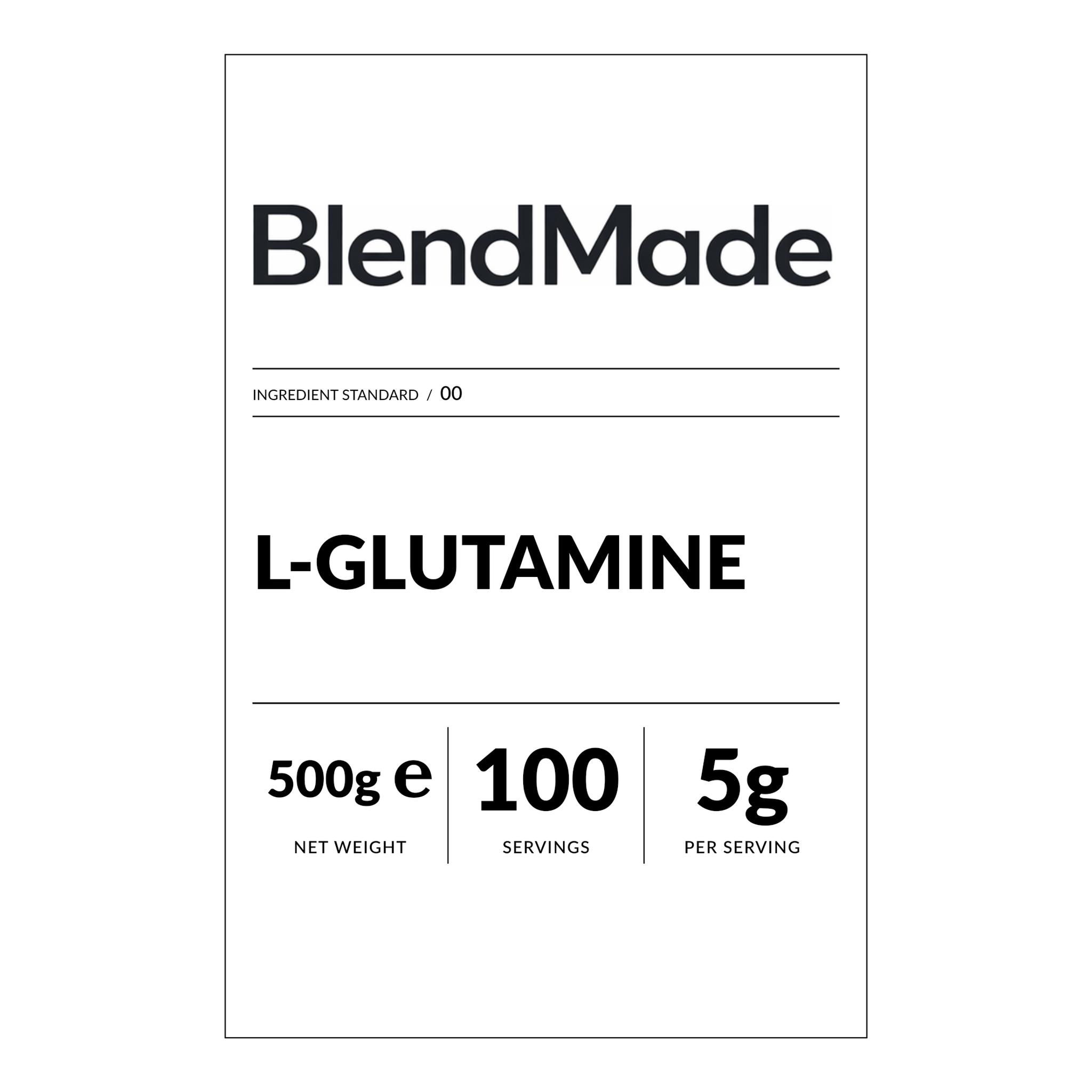BlendMade SKU gallery - BM-L-GLUTAMINE-500G | 02 | 11c0afe270bf | L-Glutamine | Front label close-up
