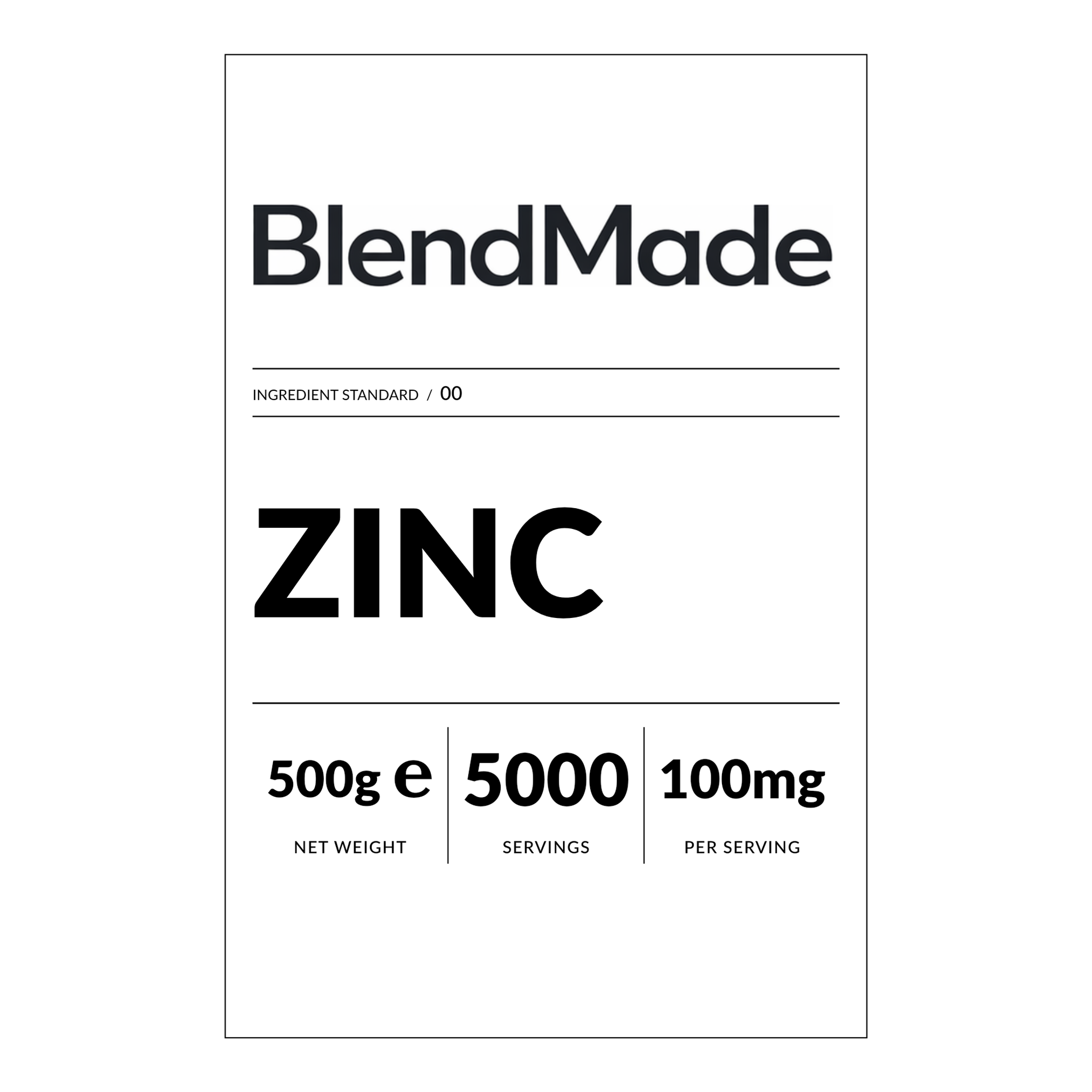 BlendMade SKU gallery - BM-ZINC-500G | 02 | dc75dc5a7c06 | Zinc | Front label close-up