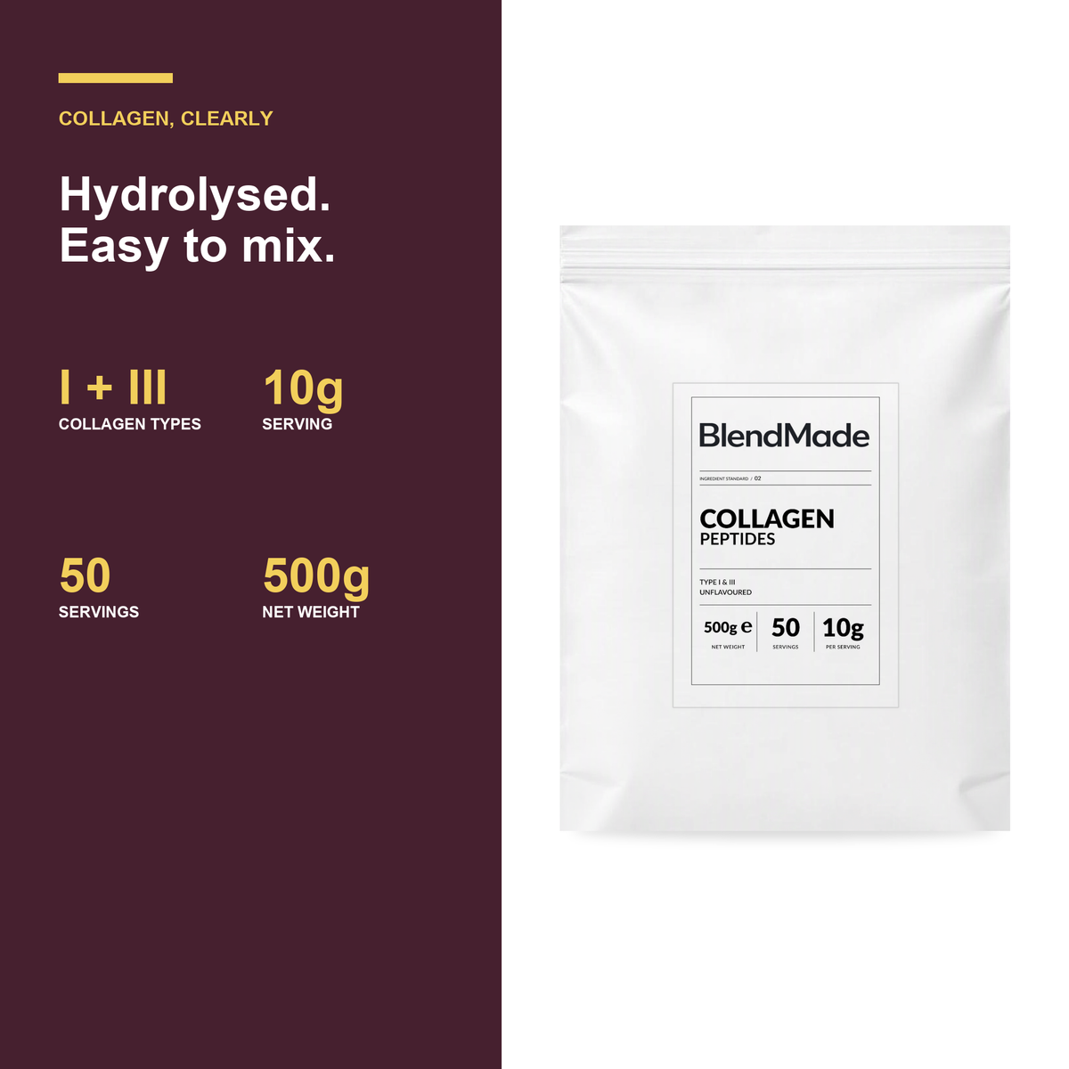 BlendMade SKU gallery - BM-COLLAGEN-PEPTIDES-500G | 04 | 68404ef6ac28 | Collagen Peptides | Benefits and product facts