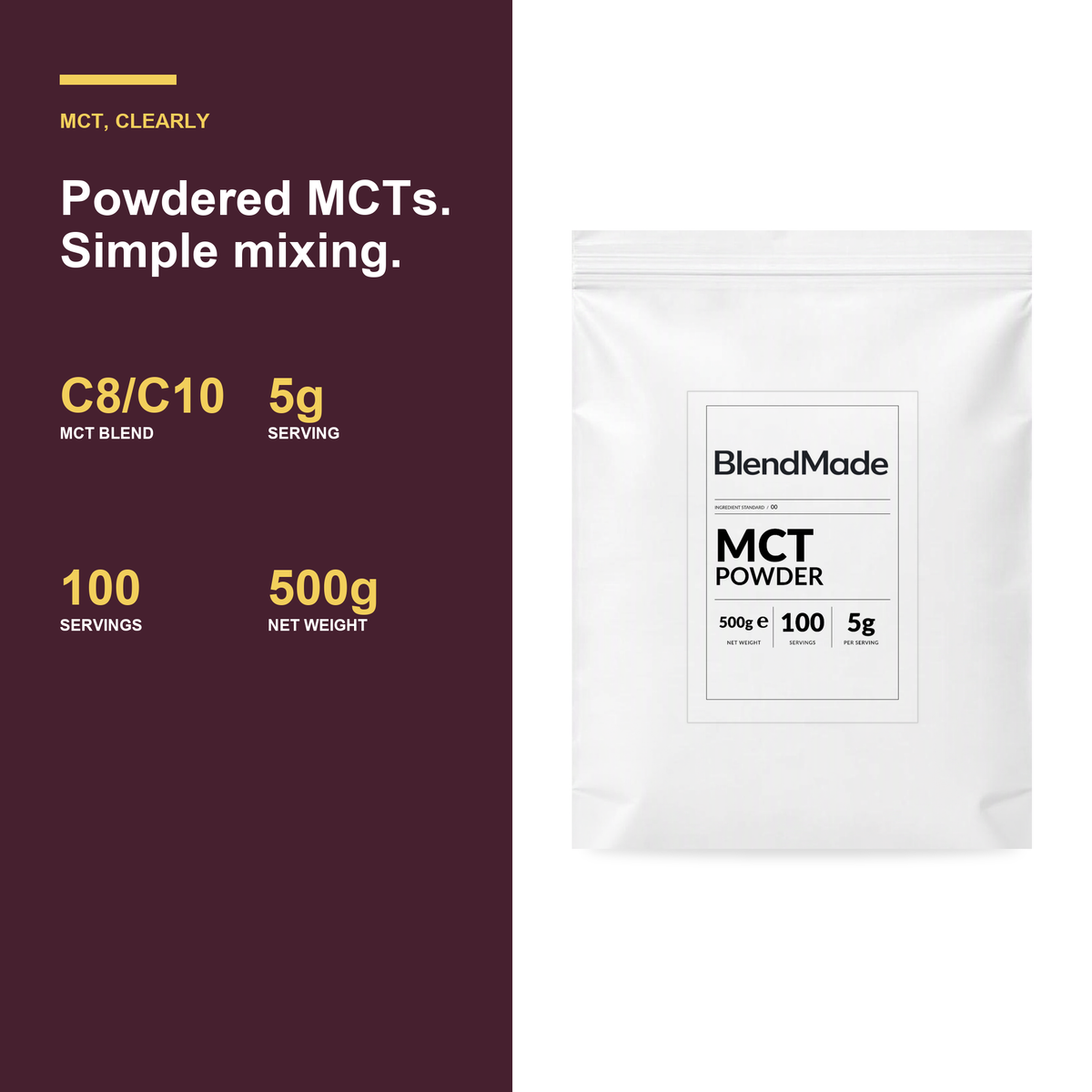 BlendMade SKU gallery - BM-MCT-POWDER-500G | 04 | e016545e0f1a | MCT Powder | Benefits and product facts