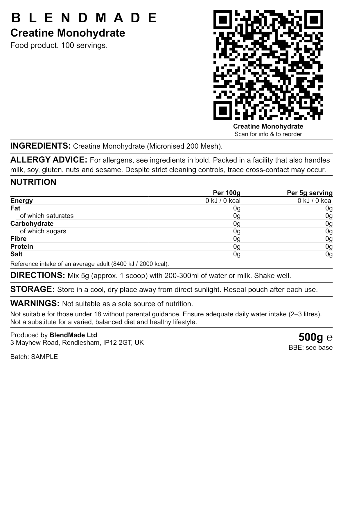 Product label — Creatine Monohydrate