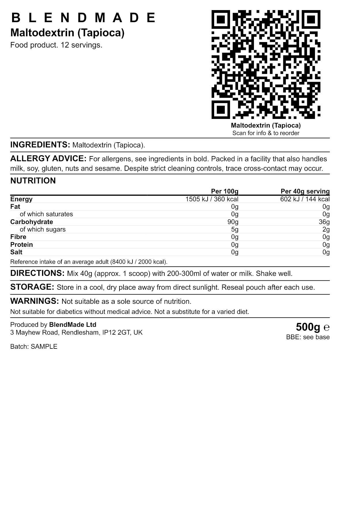 Product label — Maltodextrin (Tapioca)